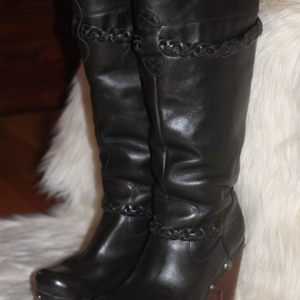 Black leather UGG high heel boots